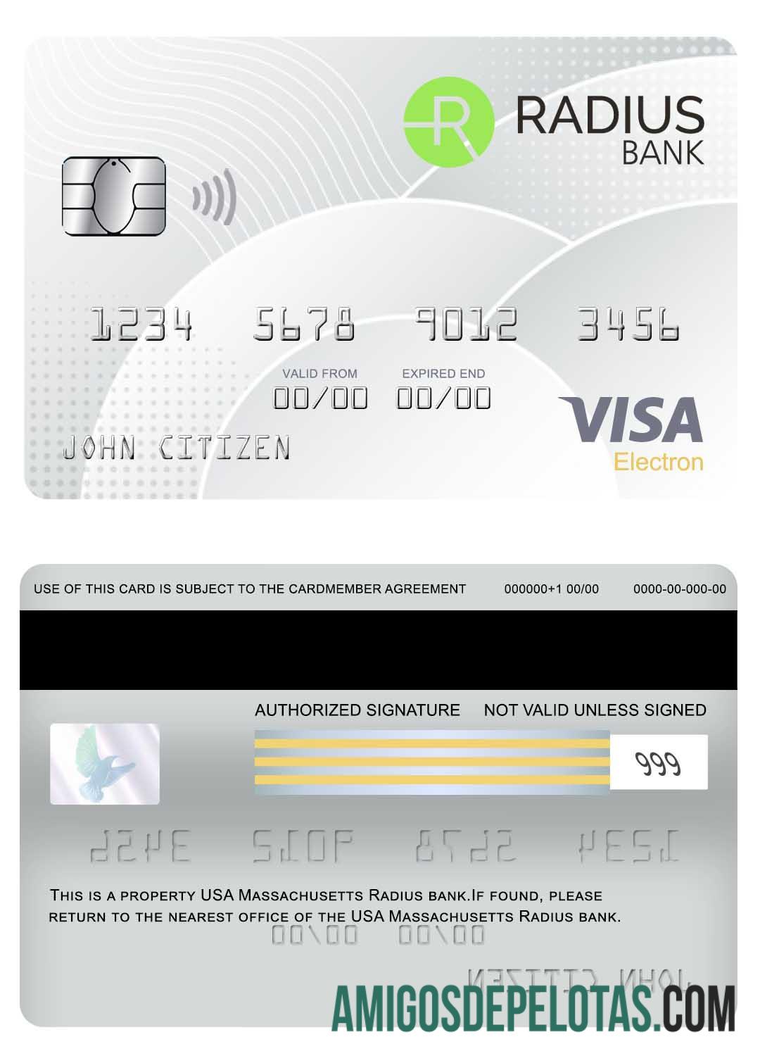 Cartão Massachusetts Radius Visa Electron dos EUA exemplo real